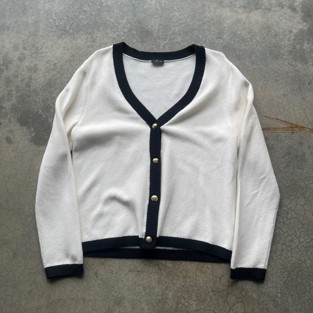 Talbots Cardigan Sweater Cream Black Trim Gold Crest Button V-Neck Knit Womens